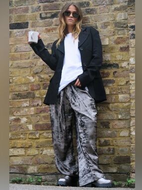 Free People Wide Leg Pull On Trousers In Metallic Gunmetal Grey